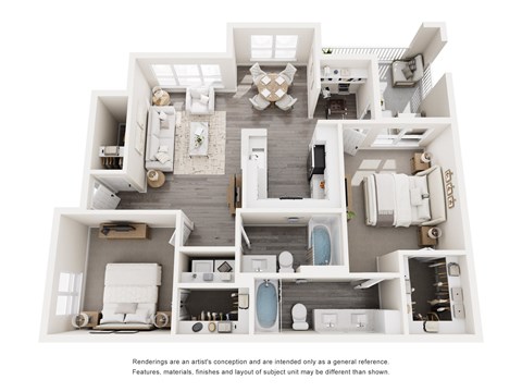 A white 3D floor plan of a house with multiple rooms.